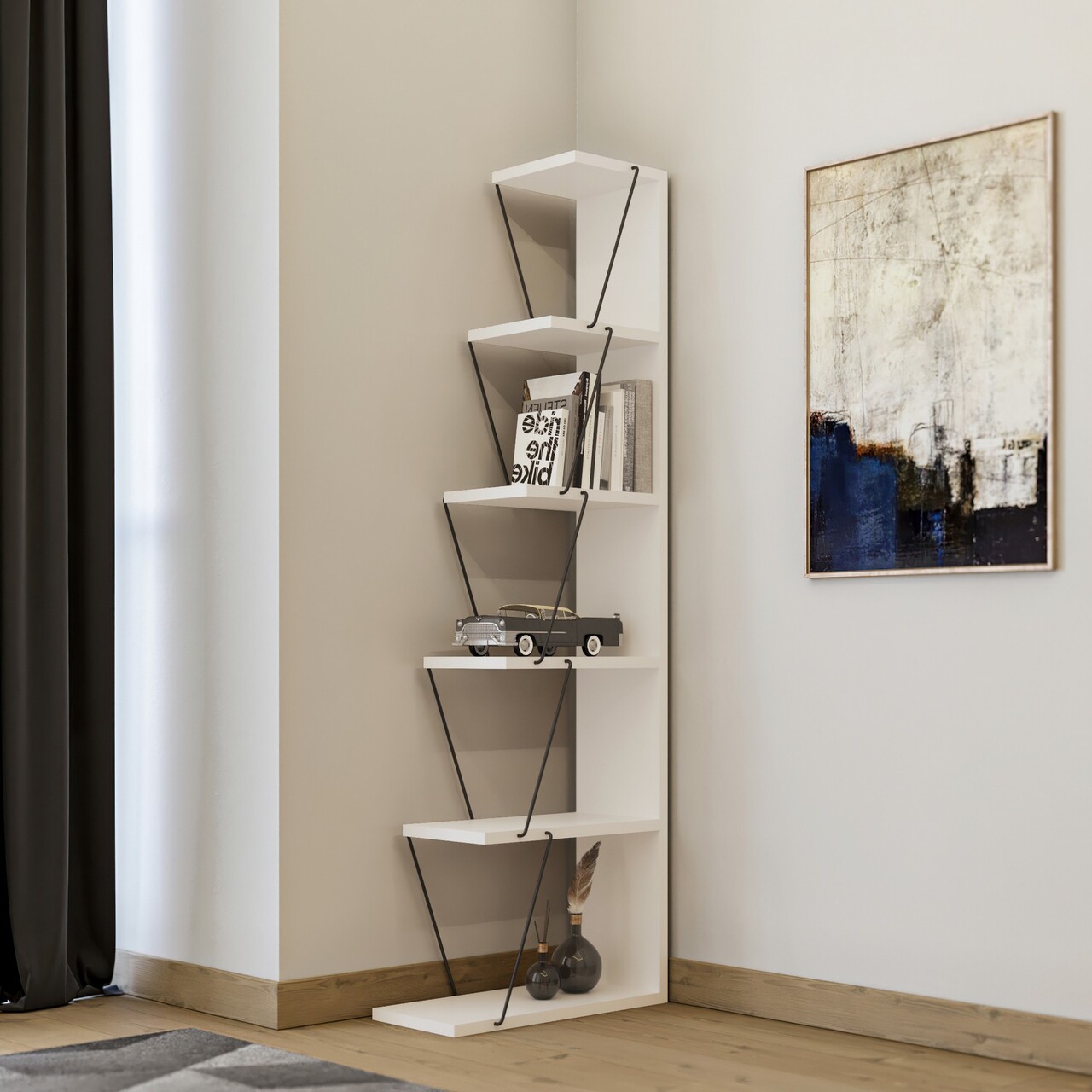 Biblioteca Tlos, Kalune Design, 50x22x150 cm, alb/negru - imagine 5